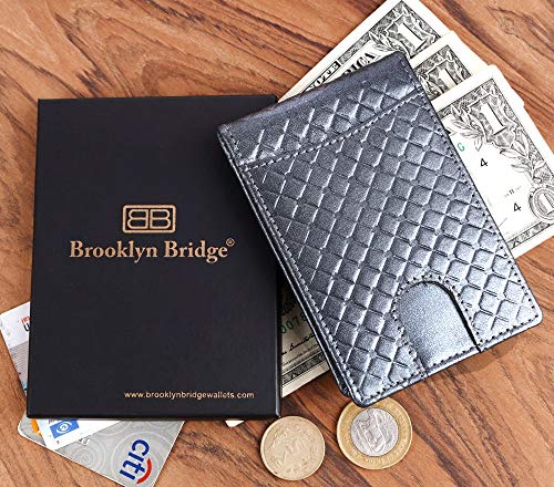 Image of Brooklyn Bridge Genuine Leather Money Clip Wallet for Men Diamond VT Grey - Premium Slim RFID Protected Wallet with Cash Clip, Smart Front Pocket Design, Stylish Gift for Men