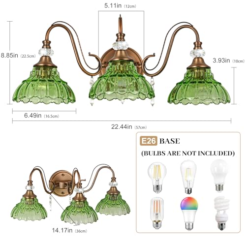 Image of Vintage Bathroom Vanity Light, 3-Light Matte Antique Brass Finish Wall Sconce with Hanging Crystal Accents and Flower-Shaped Green Glass Shades, Retro Wall Mount Vanity Light Over Mirror for Bathroom
