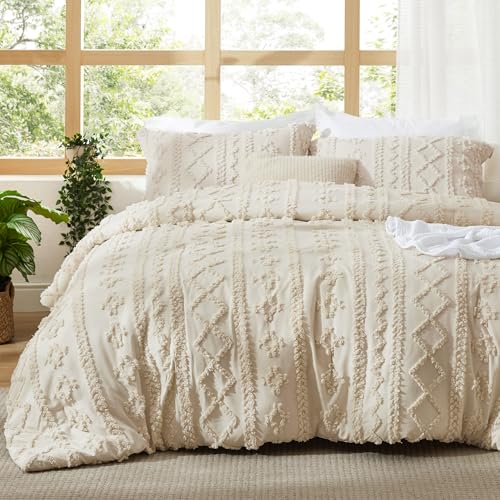 Bedsure Tufted Boho Comforter Set Queen Size – Beige Boho Bed Set, GentleSoft™ 3 Pieces Farmhouse Shabby Chic Embroidery Bedding, Gifts for Woman, Soft Jacquard Queen Comforter for All Seasons