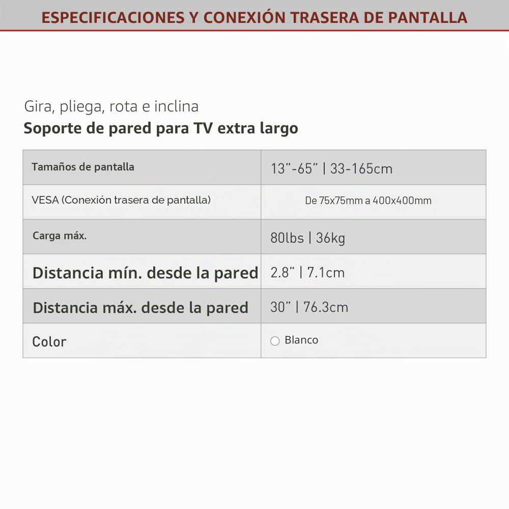 Barkan Soporte de Pared Largo Blanco para TV, articulado de Movimiento Completo de 33 a 165 cm, Soporte de Pantalla Plano y Curvo, soporta hasta 35 kg, se Adapta a LCD LED OLED (BM343XLW)