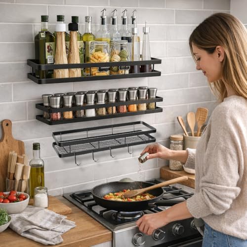 Image of Wall Mounted Spice Rack Organizer Hanging Spice Seasoning Rack bathroom Shelf Holder with 5 utensils hanging hooks Organizer Storage for Kitchen Cabinet (set of 3)