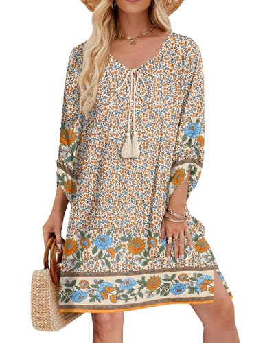 Image of Zeagoo Womens Boho Dresses Casual Beach Summer Dress Tassel Tie Neck 3 /4 Long Sleeve Mini Sundress 2025 Floral Print Cover Up