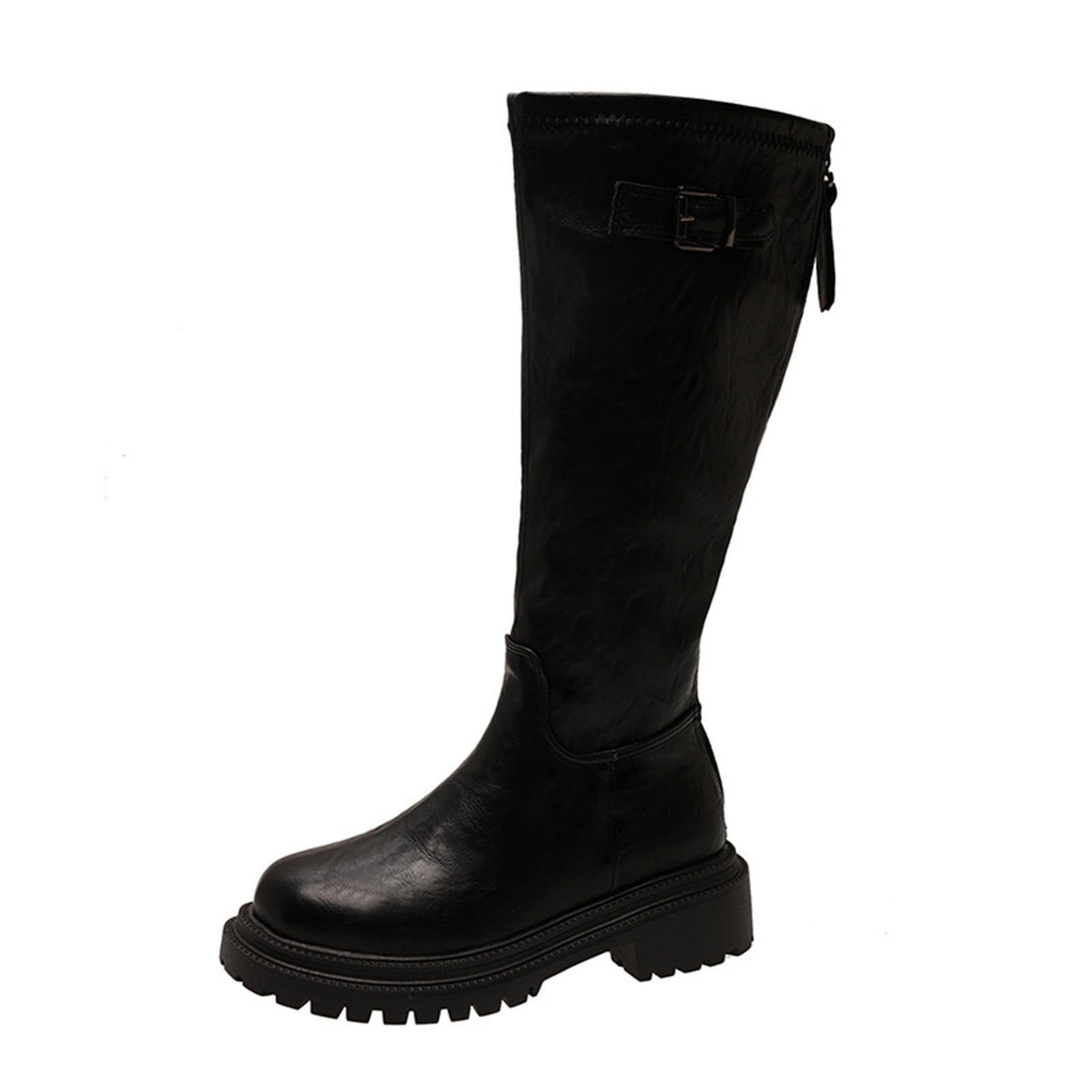 Ladies Winter Knee-High Boots with Round Toe Rear Zipper Chunky Low Heel for Casual Outdoor Indoor