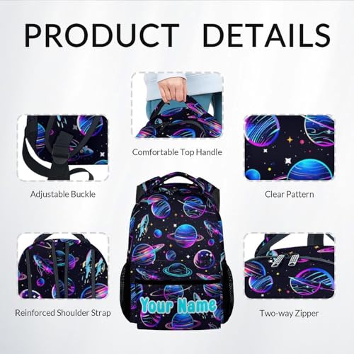 Personalized Boys Backpack Set for School, Planet Backpack for Kids Preschool, 17 Inch Custom Planet School Bookbag with Lunch Box and Pencil Case, Durable, Lightweight Black Backpack3