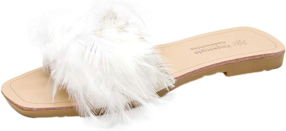 Anglewolf Women Flat Casual Shoes Flip Sliders Ladies Summer Sandals On Slides Pu Leather Comfy Slippers Outdoor/Indoor Women's Fashion Colorful Feather Slipper Peep Toe