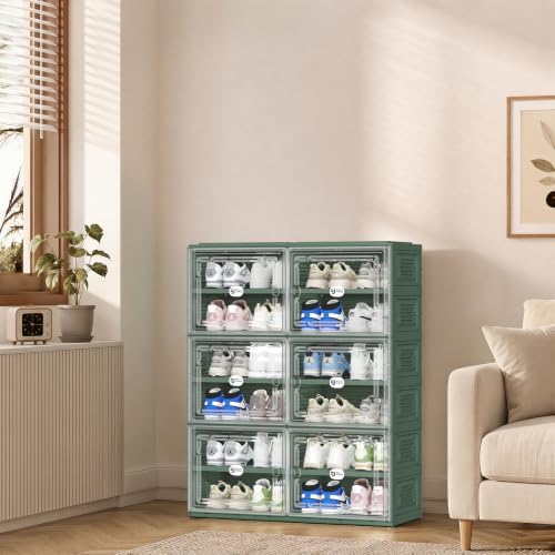 Image of Foldable Shoe Storage Cabinet for 24 Pairs with Magnetic Clear Doors, Portable Enclosed Shoe Organizer, 3-Step Quick Assembly for Entryway, Closet, Garage (2Row 6Tier)