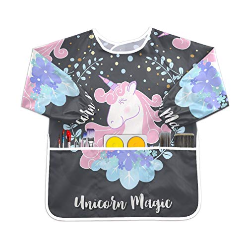 ブラックマジックユニコーンフラワー幼児の子供のエプロン防水絵画アーティストのよだれかけのスモック、年齢1-6のための子供の芸術のスモック
