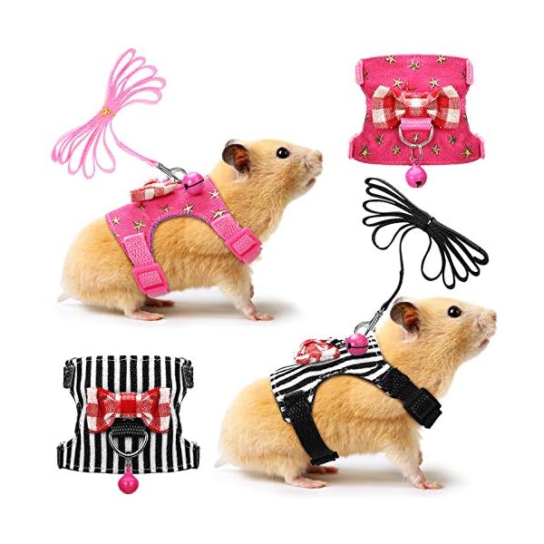 2 pieces small pet harness with bowknot and bell decor, no pulling comfort padded vest guinea pig harness and leash set for ferret, rats, iguana, hamster (black stripe,s)
