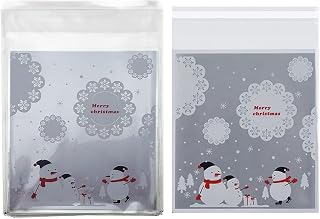 Silver Merry Christmas Snowflake Cellophane Bags - Self Sealing Plastic Bags for Candy, Small Snowman Design, 100 Counts