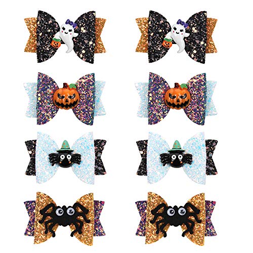 CN 3" Halloween Hair Clip Glitter Pumpkin Spider Hair Bows Boutique Accessories Set For Baby Girls Children Set Of 8