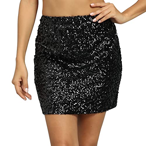 PrettyGuide Women's Sequin Skirt Stretchy Bodycon Shiny Mini Skirt Club Skirt M Black