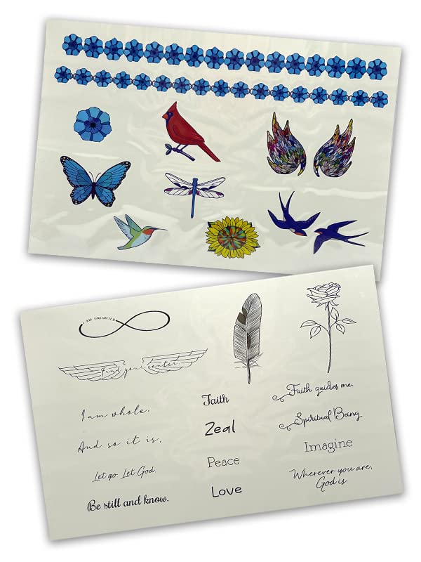 Unity Books Here and Now - Afirmaciones para llevar - 26 tatuajes temporales para mujeres, diseños artísticos de tatuajes falsos, letras pequeñas,