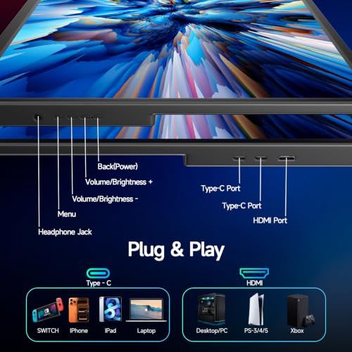 Image of Large Portable Monitor 23.8inch FHD 1080P 120Hz USB-C Monitor, HDMI Laptop Screen Extender, Monitor portatil for Laptop
