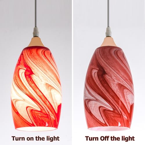 Image of GO&SO Red-White Swirl Glass Lamp Shade Set of 2,7.8 inch H x 4 inch D,Oval | 1.57 inch Fitter E26 Base,Hand-Blown Art Fixtures,Chandelier Shades for Kitchen Island,Hanging Light Shades