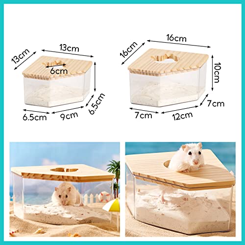 Milageto Hamster Sandbad Ecke, Hamster Toilette Klein, Transparenter 2-in-1 Bad & Toilettenschale aus Acryl+Holz für Kleintiere, Haustier Badewanne Badezimmer für Chinchilla, Goldene Bären, Gerbil