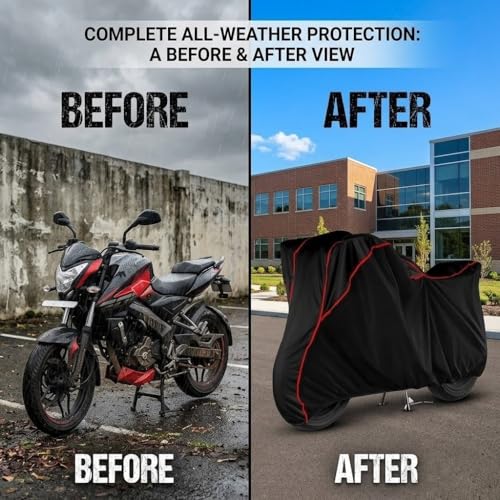 Image of Waterproof Bike Cover for All Bajaj Pulsar Model Upto 400CC | All Weather Protection from Rain, Dust, Sun & Scratches | Black Red Piping | Universal Fit for All Bike & Scooty