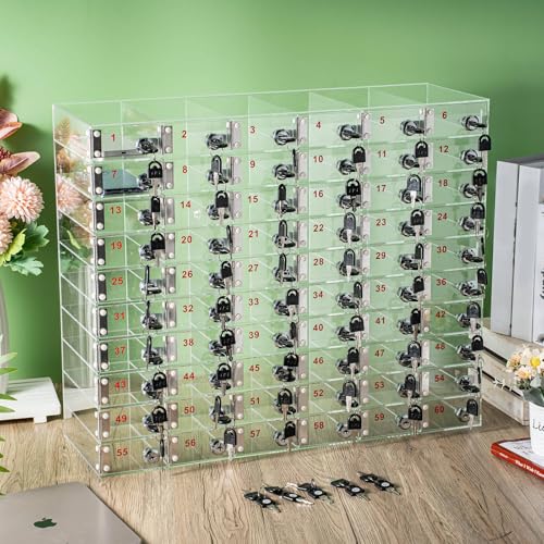 Image of Layhit Clear 60 Slots Cell Phone Locker Box for Classroom Clear Acrylic Cell Phone Storage Cabinet Bin with Door Locks for Classroom School Students Office Factory Employees