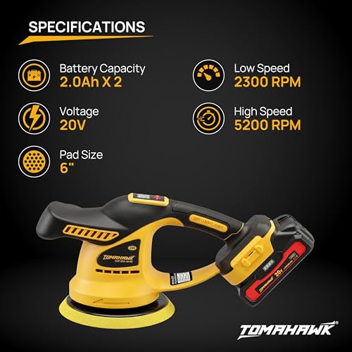 Image of TOMAHAWK CCP-20A 20V Cordless Car Polisher 6 Inch Brushless Motor, 6-Speed 2300-5200 RPM with Digital Display, Dual Battery, Heavy Duty, Complete Car Detailing Kit