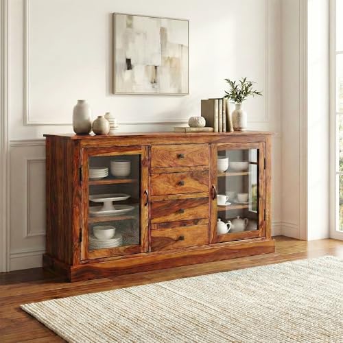 Image of SONA ART & CRAFTS Solid Sheesham Wood Sideboard Cabinet Storage Organizer with 4 Drawer & 2 Glass Door Crockery Cabinet for Home Kitchen Living Room & Bedroom Shelves Cabinets Hallway (Honey Finish)