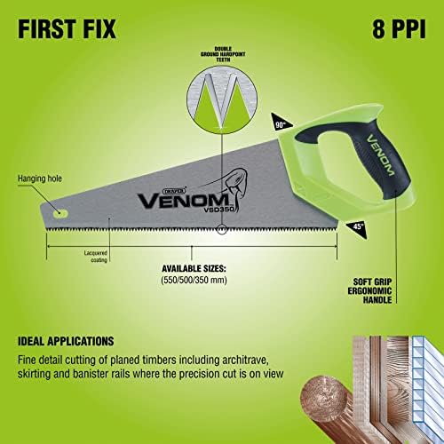 Draper 82198 Venom First Fix Double Ground 8PPI Tool Box Saw, 350 mm Blade Length , Blue