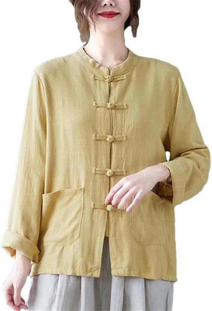 Chinese Style Kung Fu Long Sleeve Cotton and Line Women's Shirt Single Bretted Solid Color with Pocket Casual Jacket
