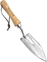 Berry&Bird Serrated Potting Trowel: Stainless Steel Hand Shovel with Wood Handle & Measuring Scale for Easy Digging, Weeding & Transplanting