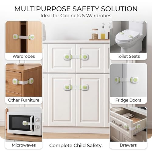 Image of Safe-O-Kid Push Key Multipurpose Child Safety Lock for Cabinets, Drawers, Fridge & Cupboards | Baby Safety Lock with Strong Adhesive | Prevents Finger Pinch Injuries | Pack of 2, (Green)