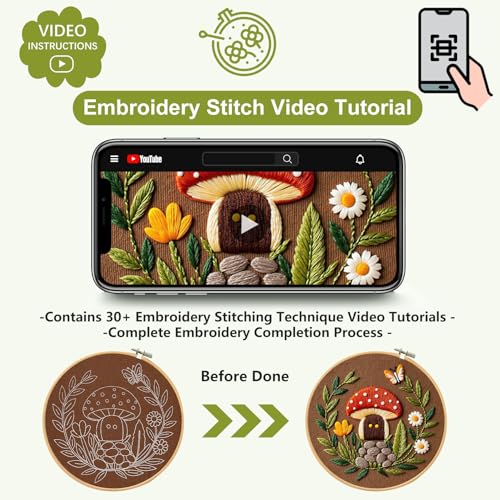 Image of Santune 3 Pack Embroidery Kit Cross Stitch Needlepoint Kits for Beginners Adult Needle Point Sets with Mushroom & Horse Embroidery Patterns, Includes Step-By-Step Instructions & Accessories