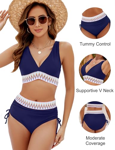 Image of Blooming Jelly Women High Waisted Bikini Sets Tummy Control Swimsuits Color Block Two Piece Drawstring Bathing Suit