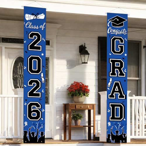 Image of Graduation Decorations 2026 Porch Banner, Graduation Banner Class of 2026, Blue Congrats Grad Decorations for Door and Porch Party Supplies