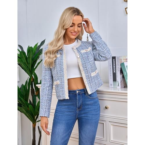 Women's Tweed Blazers Cropped Long Sleeve Crewneck Open Front Lace Trim Lightweight Plaid Work Business Jackets4
