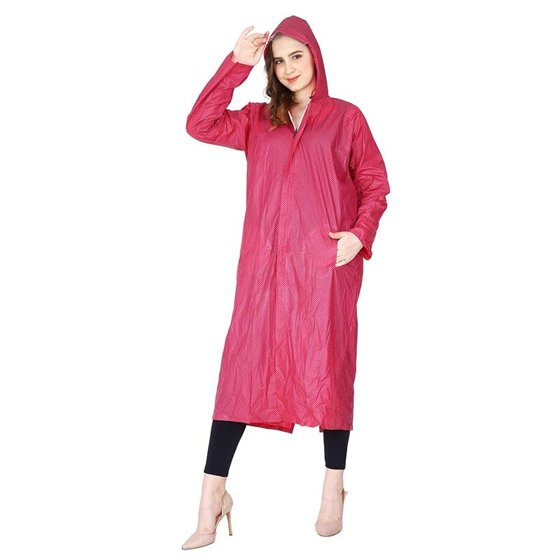 Dark Pink Women's Dotted Print Raincoat with Side Pocket, One-Piece Light Weight Raincoat (Medium)-image-41