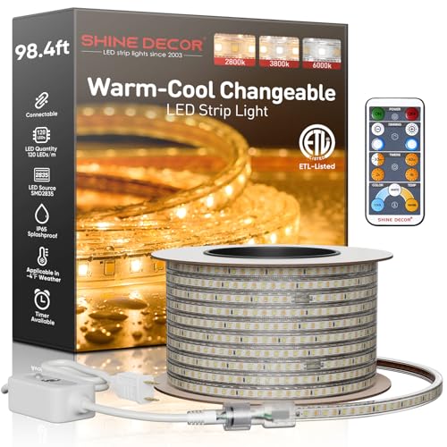 Image of Shine Decor LED Strip Light Connectable, CCT 2800-6000K Warm-Cool Changing Tone for Room, 98FT 120V Plug-in Outdoor Rope Lighting Cold Resistant Waterproof ETL Listed, Remote Timer Available
