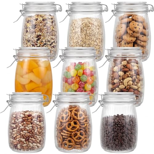 Image of 32 oz Wide Mouth Glass Mason Jars with Airtight Lid 9 Pack, Glass Canister, Striped Clip Fastening Jar for Kitchen Storage Canning, Oat, Coffee, Pasta, Snack, Nut, Candy and Pickling Food