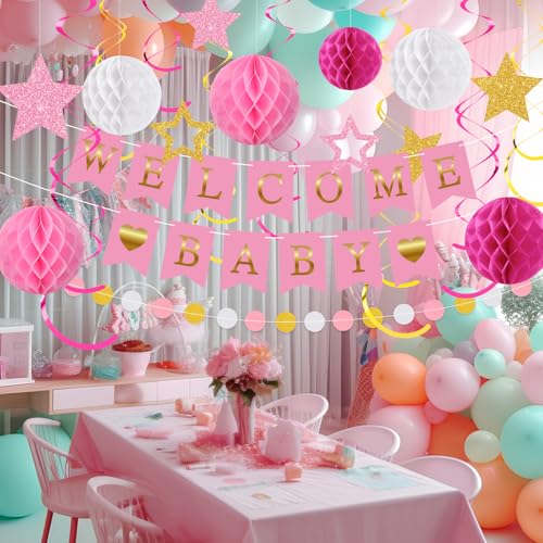 Image of WinnerWhy 25 Pcs Baby Shower Decorations for Girl, Pink Welcome Baby Banner with Glitter Stars, Hanging Swirls, Honeycomb Balls, Circle Dots Garland Girl Pink Decorations for Gender Reveal Party Decor
