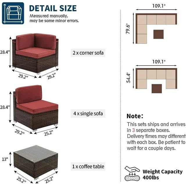 Image of 6 Seater Outdoor Patio Sectional Sofa Set| Wicker Furniture Conversation Sets with Washable Cushions, and Glass Coffee Table for Garden, Poolside, and Backyard. (Red0832)