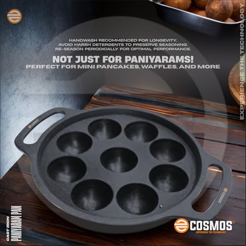 Image of E-COSMOS Pre Seasoned Cast Iron 9 Cavity Appam Patra, Paniyaram Pan Iron, Appam Pan, Pan Cake, Paddu, Appam Maker, Ponganal Maker, Appe and Litti Maker with 2 Side Handle, 23cm, Black (9 Cavity)