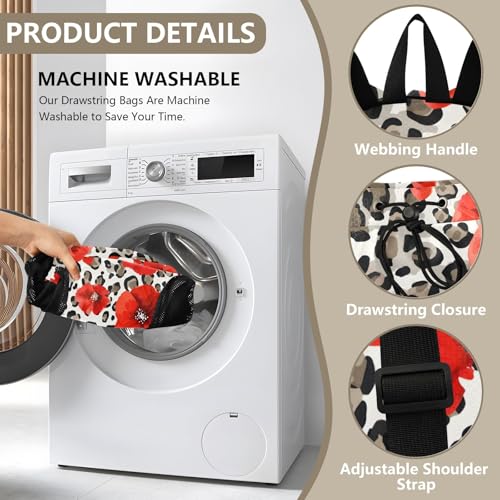 Beach Drawstring Backpack Mesh Swim Bag for Women Red Poppy Leopard Cheetah Swimming Gym with Wet Pocket Packable Sports3