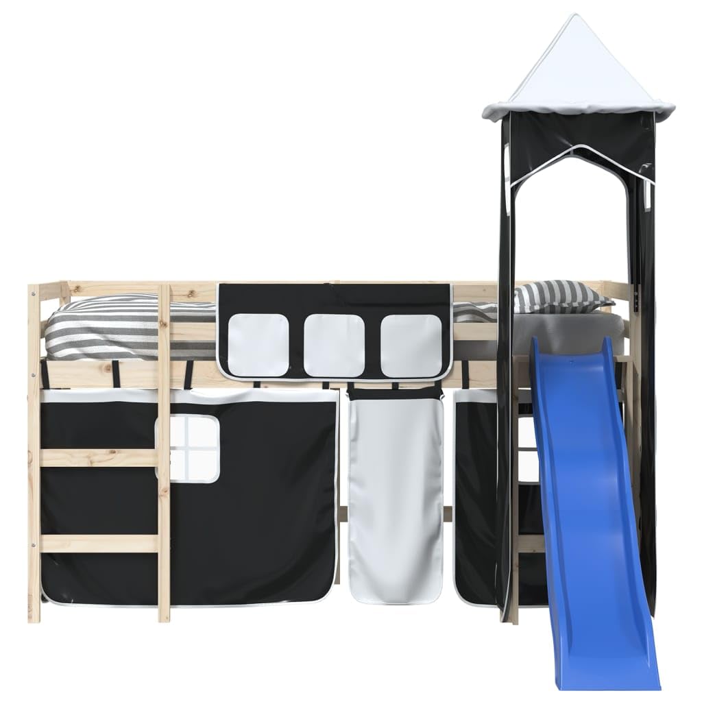 Hochbett Vorhang Set mit Turm für Kinderbett, Spielzelt Verkleidung Spielhaus für Hochbetten, Weiß und Schwarz, Polyester Spielvorhang für Kinderzimmer