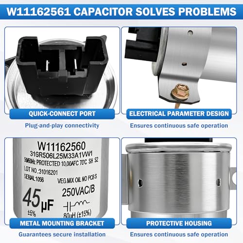 Image of W11428524 Washer Motor Run Capacitor 45uF 250VAC 50 /60Hz 10000AFC Compatible with Whirlpool Kenmore Maytag Amana Washer Capacitor Replace W10866238 W11162561 W11175257 AP6981681 PS12745632