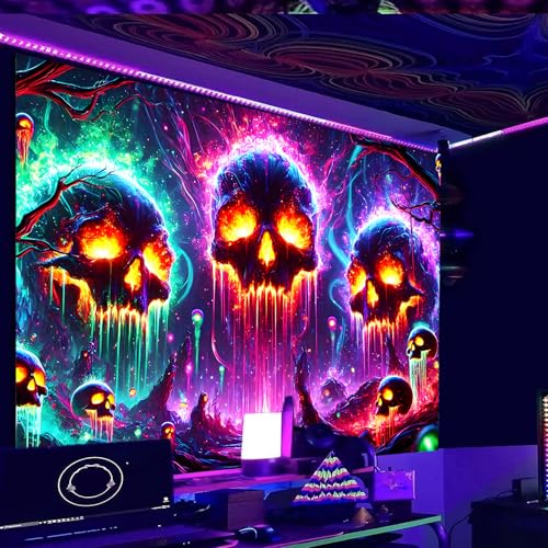 Image of Nuxovilar Skull UV Reactive Tapestry, 90.55 inchx70.86 inch Polyester