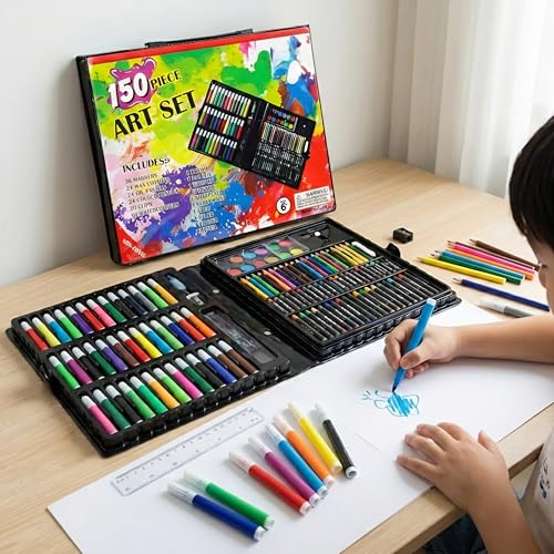 Image of 150 Piece Art Set for Kids - Complete Drawing & Painting Kit with Crayons, Colored Pencils, Watercolors & Markers - Portable Art Supplies Organizer Case