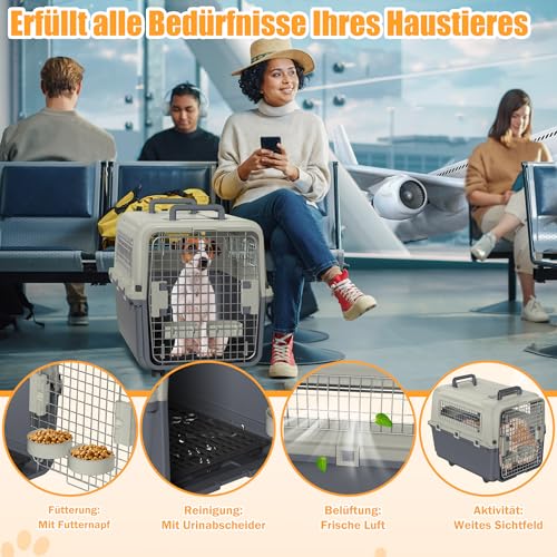 XMTECH Hundetransportbox Transportbox Flugzeugbox für Tiere, Reisebox für Hunde, mit Sicherheitsverriegelung & Lüftungsgitter, L 67 x B 51 x H 45 cm