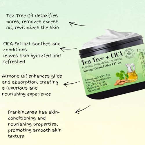 Image of Essentially KateS Tea Tree 2.5% Body Cream Massage Lotions 4 oz, Infused with Centella Asiatica and Frankicensae Oil - Soothing, Hydrating, and Revitalizing - Fights Sore Muscle and Stiffness.
