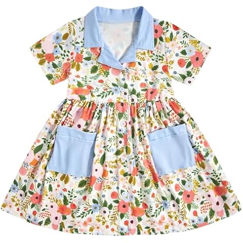 Enlifety 4T 5T Girls Floral Dress Spring Summer Dresses Short Sleeve Easter Casual Beach Twirl Frocks with Pockets Cover