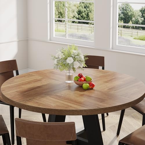 Image of Tribesigns 47 inch Round Dining Table Wood Kitchen Table for Dining Room, 47 inch Dinner Room Tables for 4-6, Farmhouse Accent Furniture with Wooden Tabletop and Cross Base, Brown+Black
