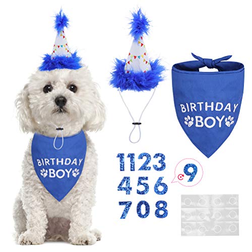 BINGPET Dog Birthday Bandana Scarf and Reusable Dog Birthday Hat with 0