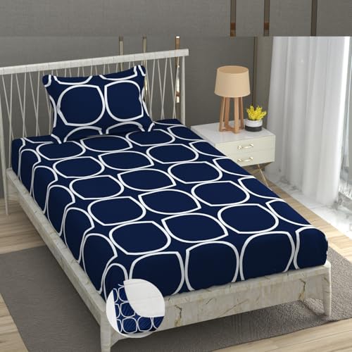 Image of Vram Premium Heavy Cotton Elastic Fitted Bedsheets with 1 King Size Pillow Covers || Single Bed with All Around Elastic 350 TC || 36 x 78 x 6 Inch Single Size Fitted || :- Blue Round