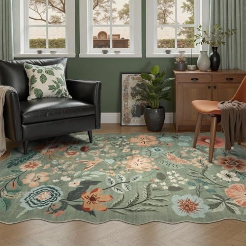 DCX Vintage Floral Rug 4x6, Washable Sage Green Rug for Living Room, Kid & Pet Friendly with Rubber Back Non Slip, Soft Low Pile Carpet, Stain Resista
