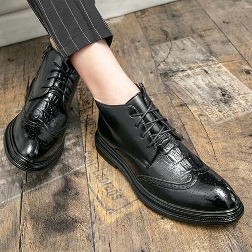 Black Black Wingtip Brogues Pointed Toe Work Boots for Men Classic Lace-up Modern Formal High Top Derby Oxfords Vintage Business Casual Dress Shoes with Zipper3